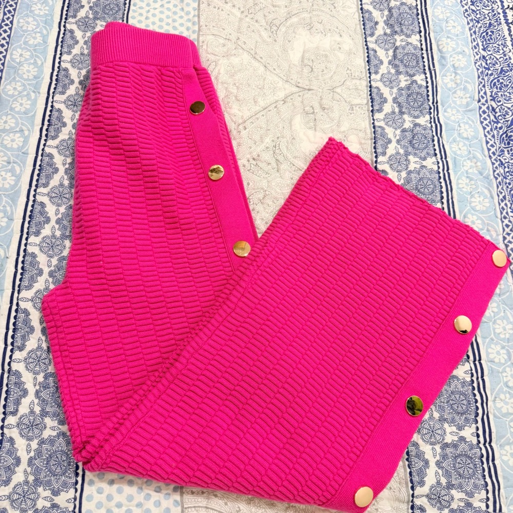 Rivir Hot Pink Knit Wide Leg Pants Gold Button Detail AO257S Small